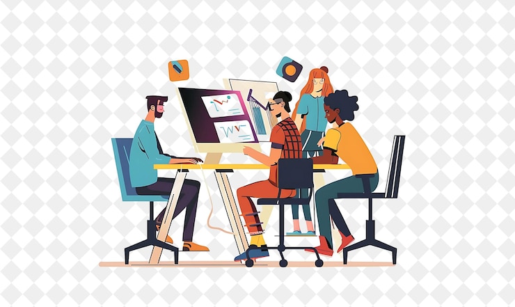 PSD designer graphique artistique avec des personnages concevant et créant des personnes png dans l'illustration de travail quotidien
