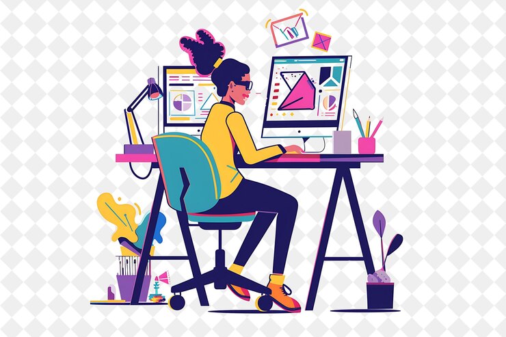 PSD designer graphique dynamique avec des personnages créant et concevant des personnes png dans l'illustration de travail quotidien