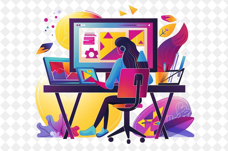 PSD designer graphique dynamique avec des personnages créant et concevant des personnes png dans l'illustration de travail quotidien