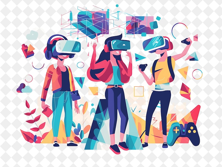 PSD designer de réalité virtuelle futuriste avec des personnages conçus en png les gens dans l'illustration du travail quotidien