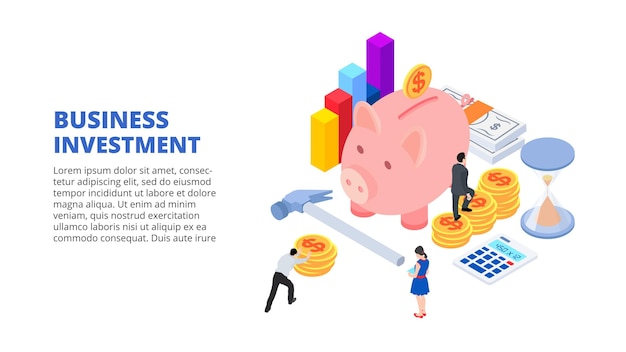 PSD designkonzept für geschäftsinvestitionen mit sparschweinmünzen und menschen isometrische illustration