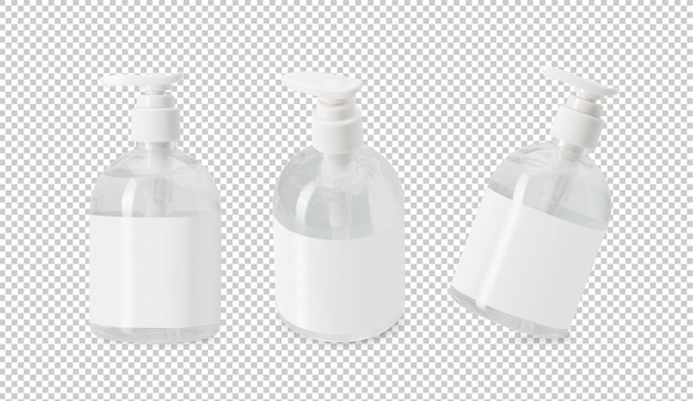 Desinfetante para as mãos em um modelo de maquete de garrafa de bomba transparente para seu design