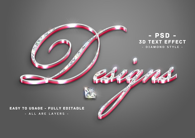 PSD desings 3d efeito de texto de diamante estilo de camadas rosa