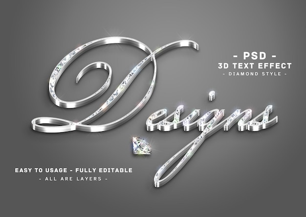 PSD desings style de couches d'argent à effet de texte en diamant 3d