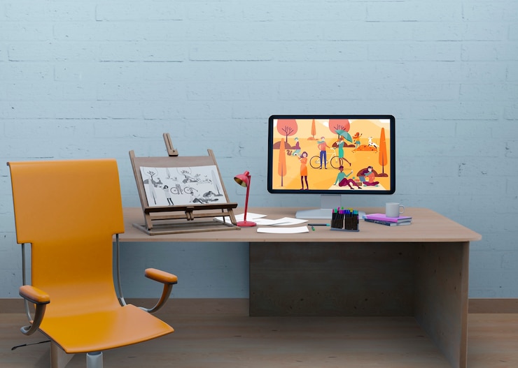 PSD desk with mock-up and artistic draw