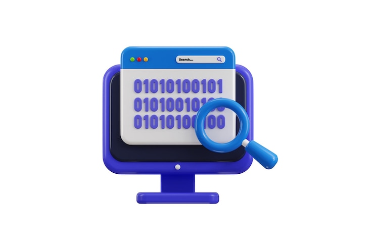 PSD desktop binary code search icon 3d render concept of computer monitor displaying binary code icon