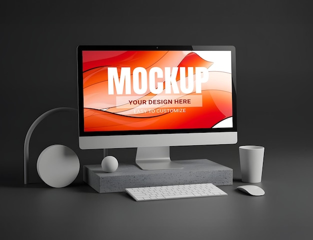 desktop computer mockup with modern minimalist workspace