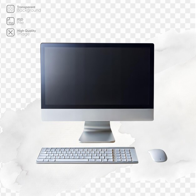Desktop computer with keyboard and mouse on transparent background