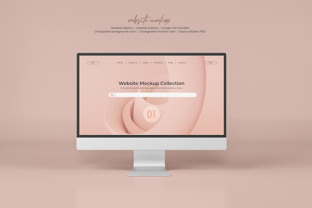 Desktop-Monitor-Bildschirm mit isolierter Webseitenpräsentations-Mockup
