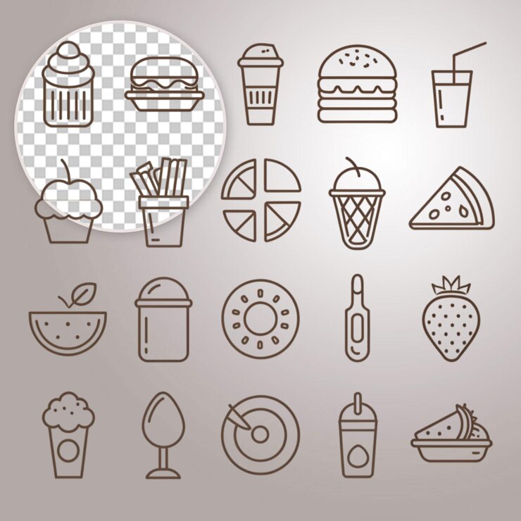 PSD desligue a ilustração de arte de linha de ícones de alimentos e bebidas em fundo transparente