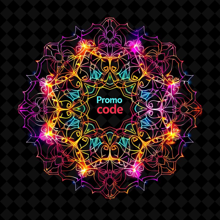 PSD deslumbrante caleidoscopio de neón de texto de código promocional en un espectro png y2k diseños decorativos de post de venta
