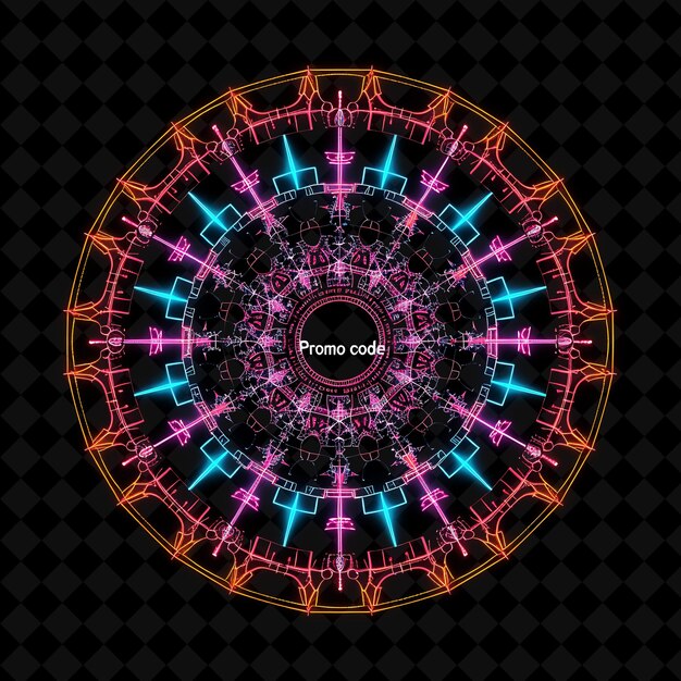 Deslumbrante caleidoscopio de neón de texto de código promocional en un espectro PNG Y2K Diseños decorativos de post de venta