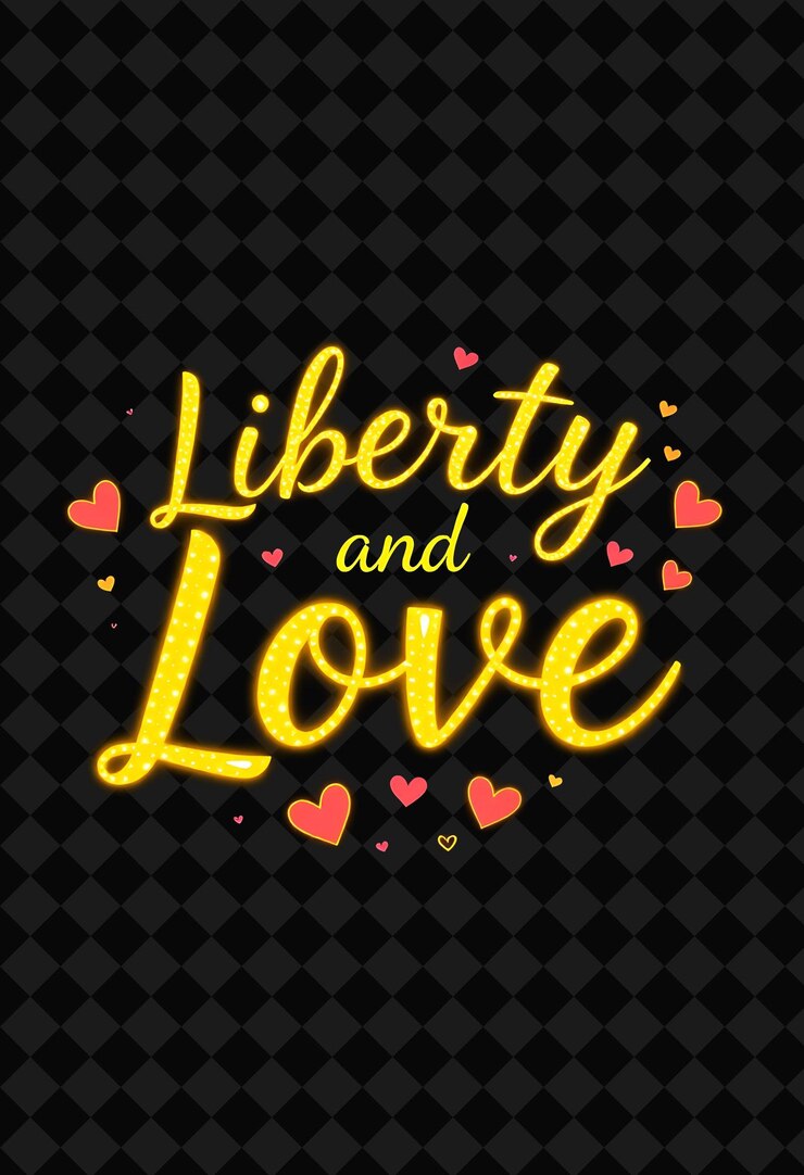 PSD deslumbrante libertad y amor el texto brilla con amarillo neón y amarillo dorado rodeado de corazones y r