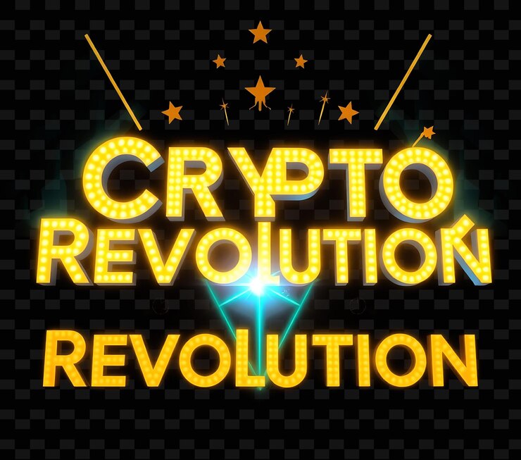 PSD el deslumbrante texto de la cripto-revolución brilla con amarillo neón y amarillo dorado rodeado de revolucionario