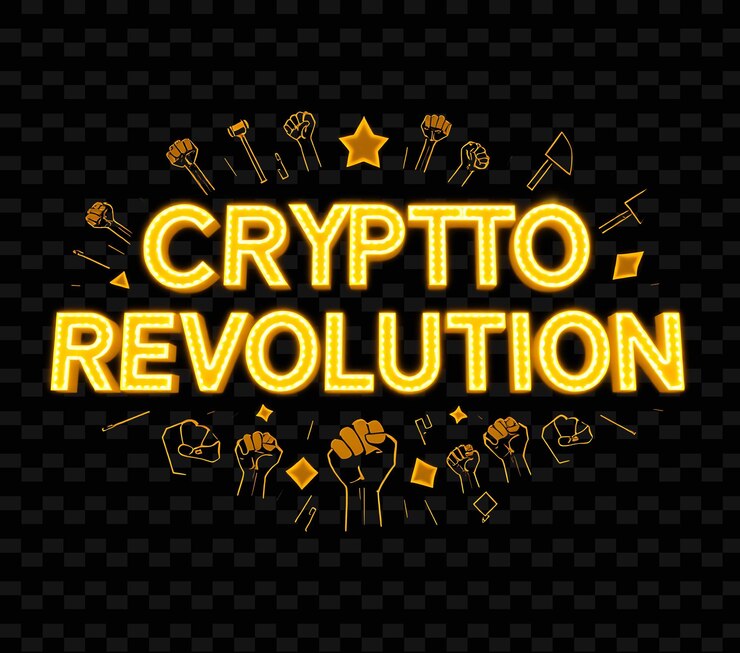 PSD el deslumbrante texto de la cripto-revolución brilla con amarillo neón y amarillo dorado rodeado de revolucionario