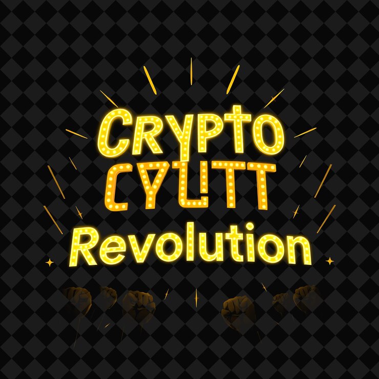 PSD el deslumbrante texto de crypto revolution brilla con amarillo neón y amarillo dorado rodeado de revolutiona