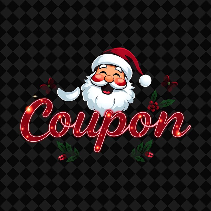 PSD deslumbrante texto de cupón en neon marrón y rojo profundo con brillantes coronas y holly un feliz papá noel