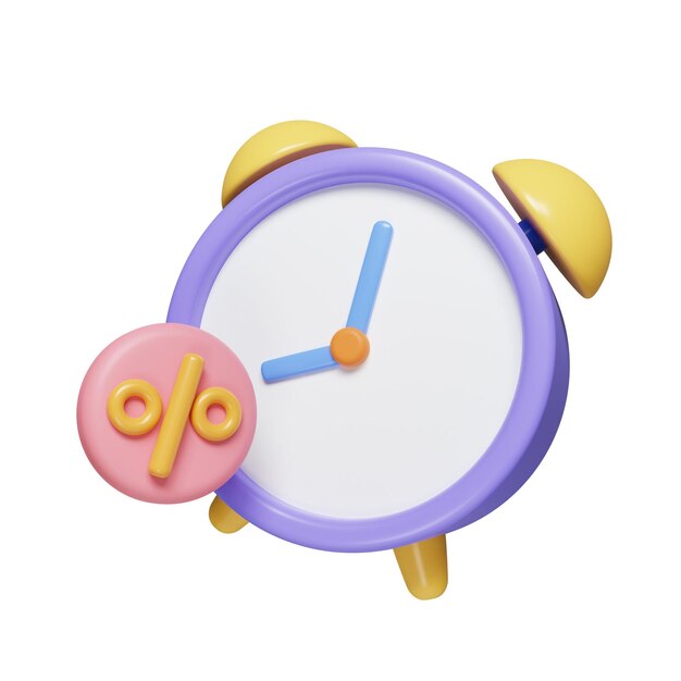 Despertador 3D com etiqueta de etiqueta redonda de desconto percentual Oferta de desconto especial tempo para desconto ícone isolado no fundo branco ilustração de renderização 3d Traçado de recorte