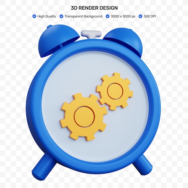 Despertador azul de renderização 3d com configurações de ícone isoladas