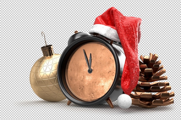 Despertador de natal com chapéu de papai noel com pinha e bola de decoração. renderização 3d