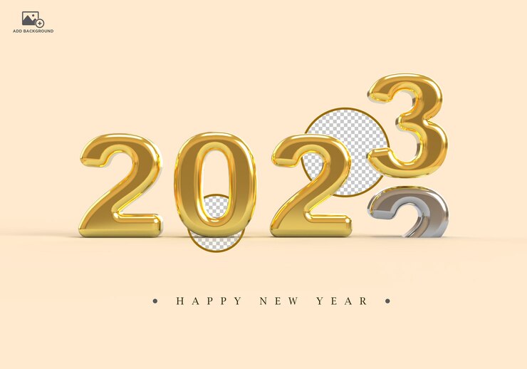 PSD desplazamiento de 2022 a 2023 oro 3d renderizar números metálicos aislados en un fondo blanco ilustración