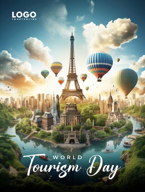 PSD dessin d'affiche d'accueil de la journée mondiale du tourisme sur les réseaux sociaux