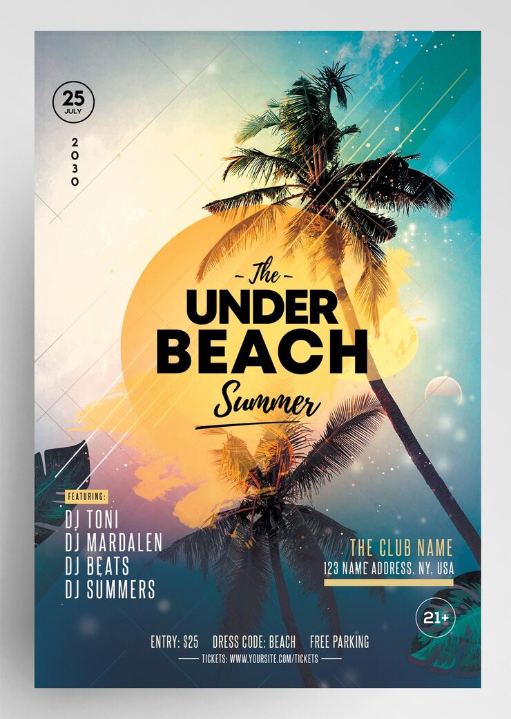 PSD le dessin de l'amplificateur d'été tropical party flyer.