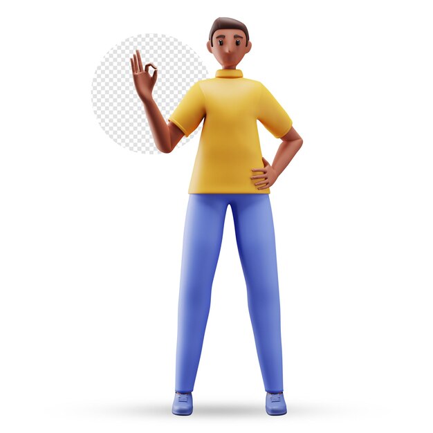 Dessin animé 3D jeune homme montrant un geste parfait en pose debout
