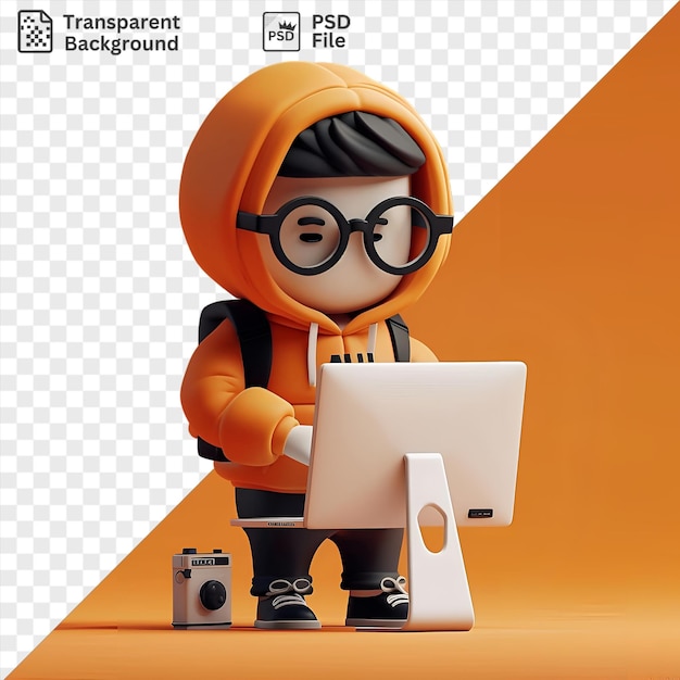 PSD un dessin animé 3d de pirate informatique piratant un personnage informatique à l'aide d'un ordinateur portable