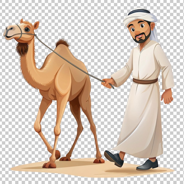 PSD dessin animé arabe homme musulman tirant un chameau à fond transparent