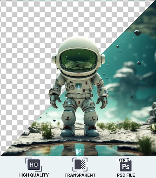 PSD dessin animé d'astronaute transparent de haute qualité explorant la surface d'un monde extraterrestre 3d