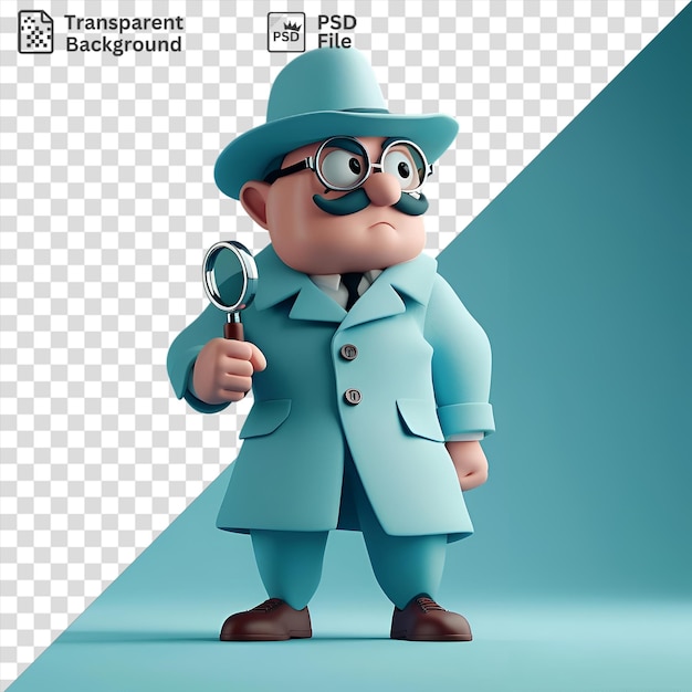 PSD dessin animé de détective 3d transparent enquêtant sur un crime avec une loupe portant un chapeau bleu cravate noire et lunettes noires tout en tenant un jouet et debout sur un pied brun