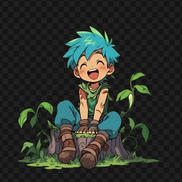 PSD un dessin animé d'un garçon assis sur une souche d'arbre