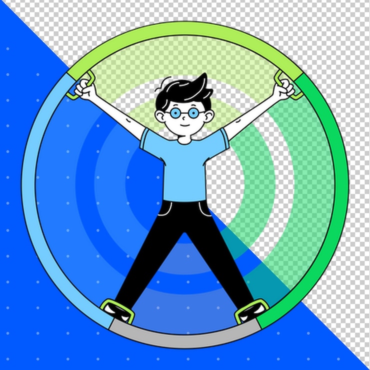 PSD un dessin animé d'un garçon avec des lunettes et un cercle vert sur un fond bleu