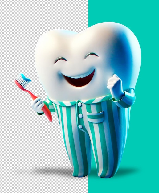 PSD dessin animé heureux souriant dent 3d en pyjama va au lit sur un fond transparent