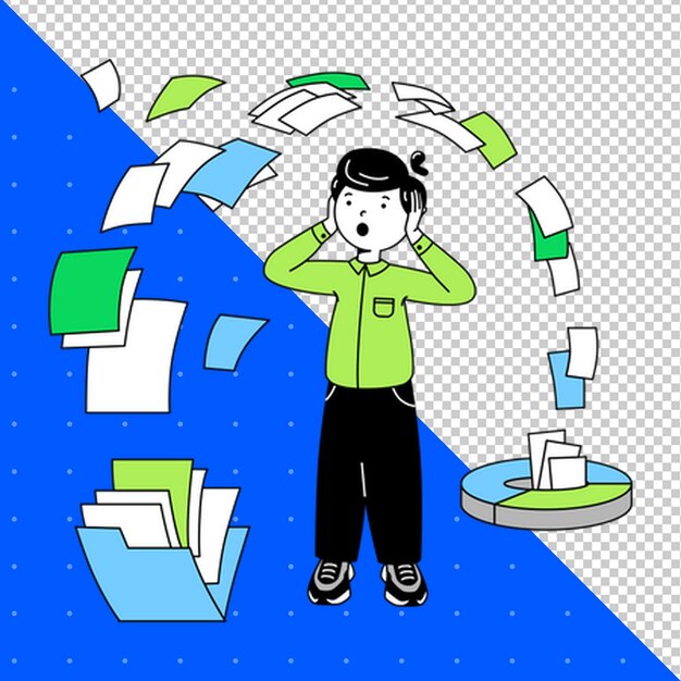 un dessin animé d'un homme avec des papiers et un dessin dessiné dessus