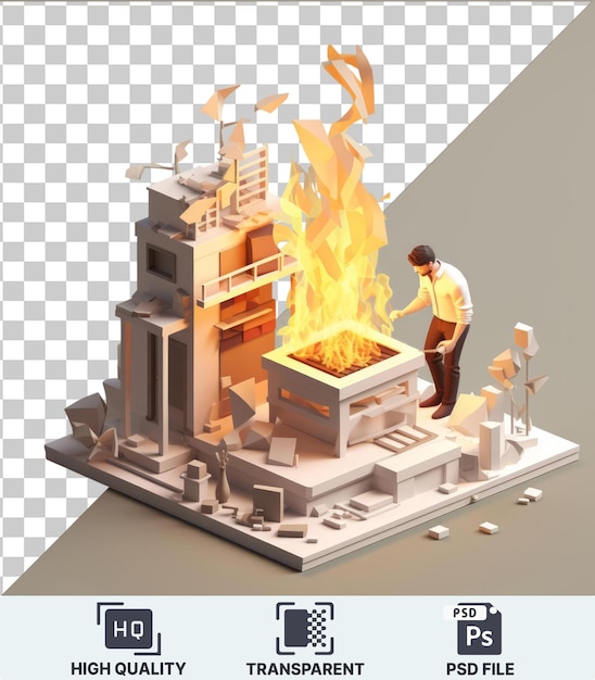 PSD d dessin animé d'incendie qui met le feu à une maison en feu