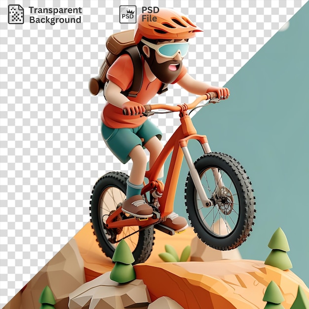 PSD dessin animé isolé de motards de montagne 3d conquérant des sentiers accidentés sous un ciel bleu portant un casque orange et un short bleu avec un cactus vert en arrière-plan et un nuage blanc au-dessus