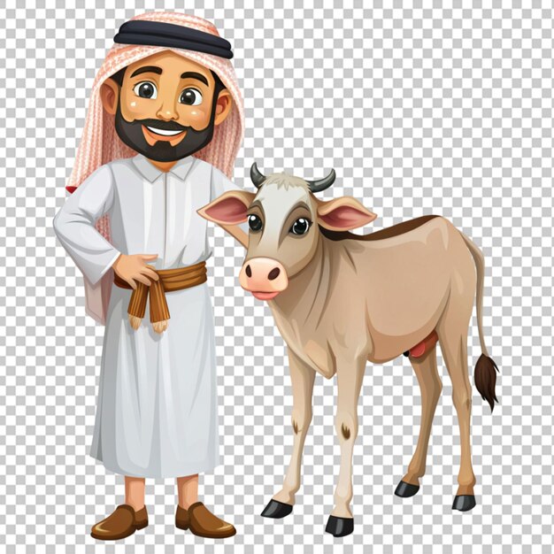 PSD dessin animé jeune homme arabe tenant une vache