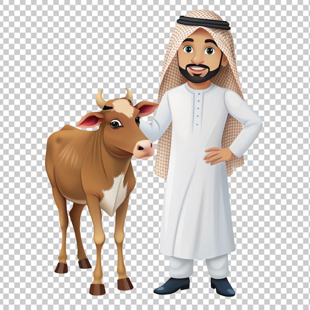 PSD dessin animé jeune homme arabe tenant une vache