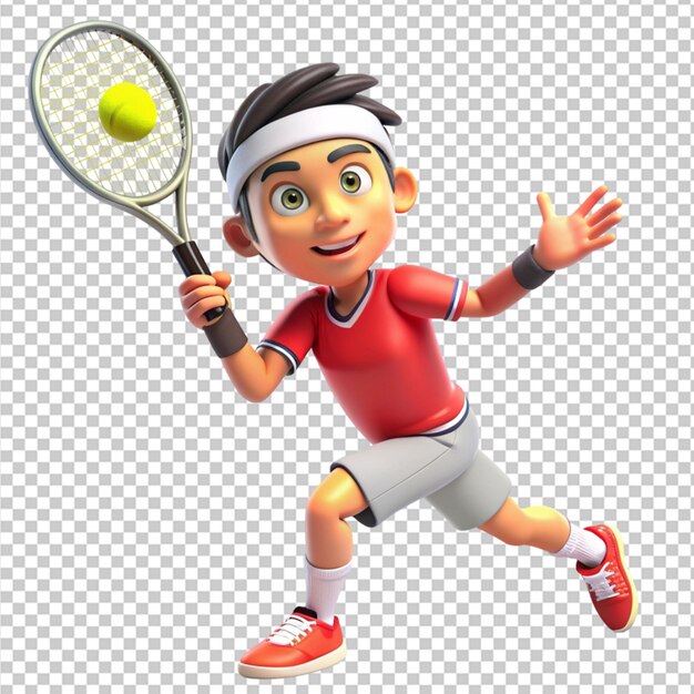 PSD un dessin animé de joueur de tennis en 3d jouant un puissant sur un fond transparent