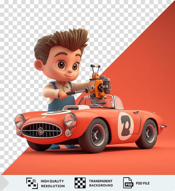 PSD dessin animé de mécanicien de voiture de course 3d travaillant sur une voiture vintage png clipart png psd