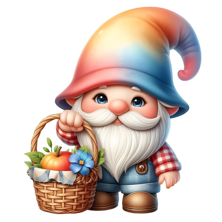 PSD un dessin animé d'un nain avec un panier de fruits et un panier de fruits