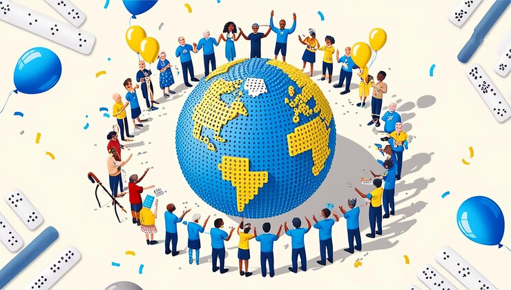 PSD un dessin animé de personnes se tenant par la main autour d'un globe avec les mots monde dessus