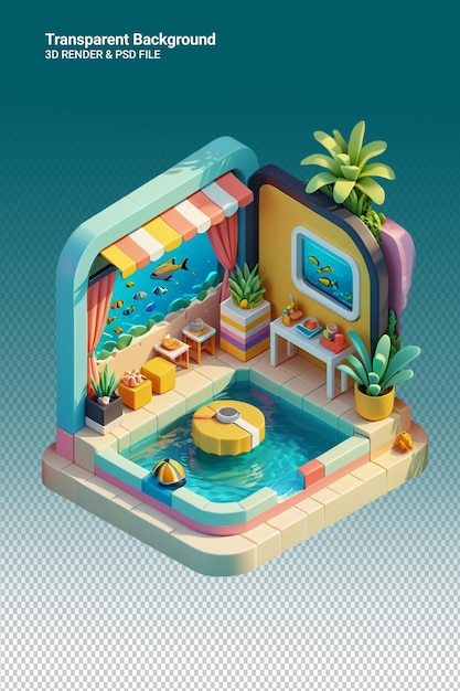 PSD un dessin animé d'une petite piscine avec une piscine et un réservoir de poissons