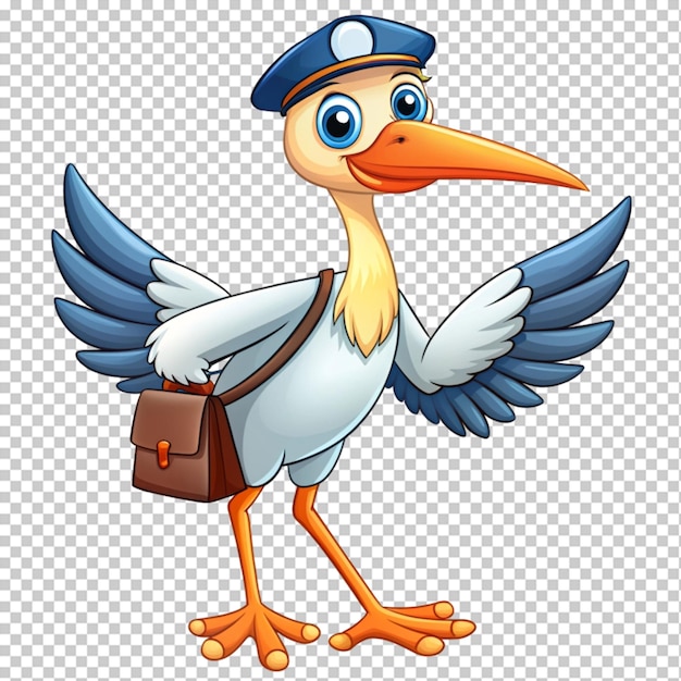 PSD dessin animé postman cigogne sur fond transparent