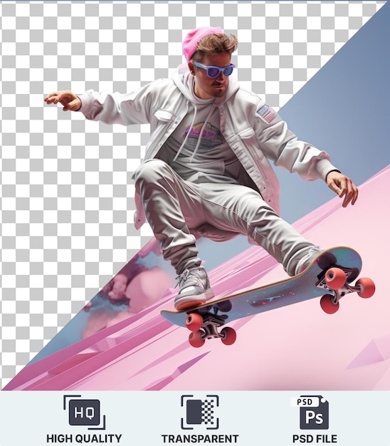 PSD un dessin animé premium de skateboarder 3d exécutant des tours défiant la gravité