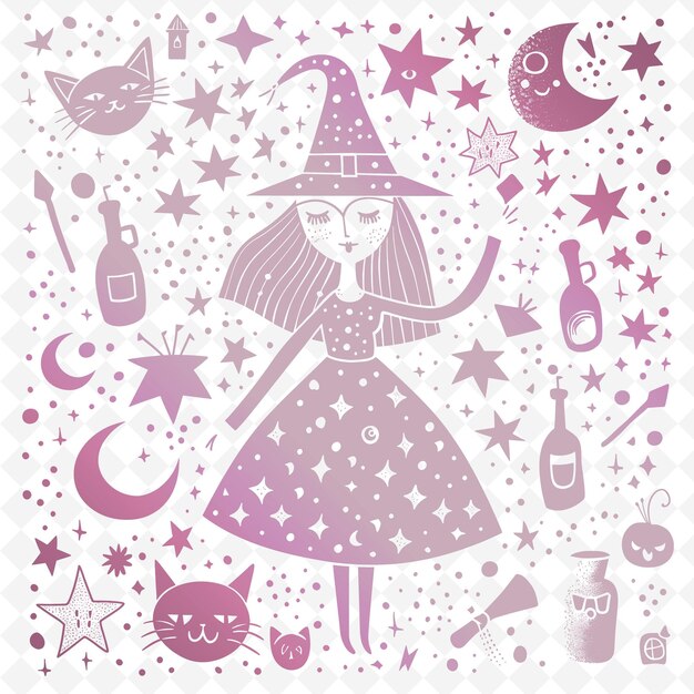 PSD un dessin animé d'une sorcière avec un chat et une bouteille de parfum