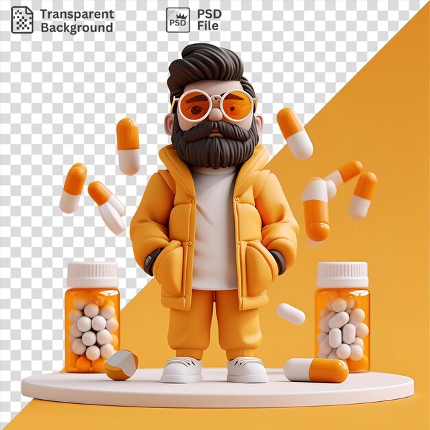 PSD dessin animé transparent de trafiquant de drogue 3d vendant des substances illégales devant un mur orange et jaune portant un pantalon jaune et des cheveux noirs avec des bouteilles blanches et orange en arrière-plan