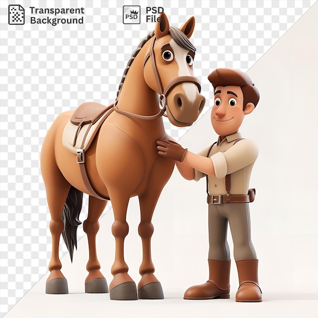 PSD dessin animé unique d'entraîneur de chevaux de course 3d soignant un cheval de race précieux mettant en vedette un cheval brun avec une selle en cuir et brun portant une ceinture brune et des bottes et tenant un jouet les chevaux